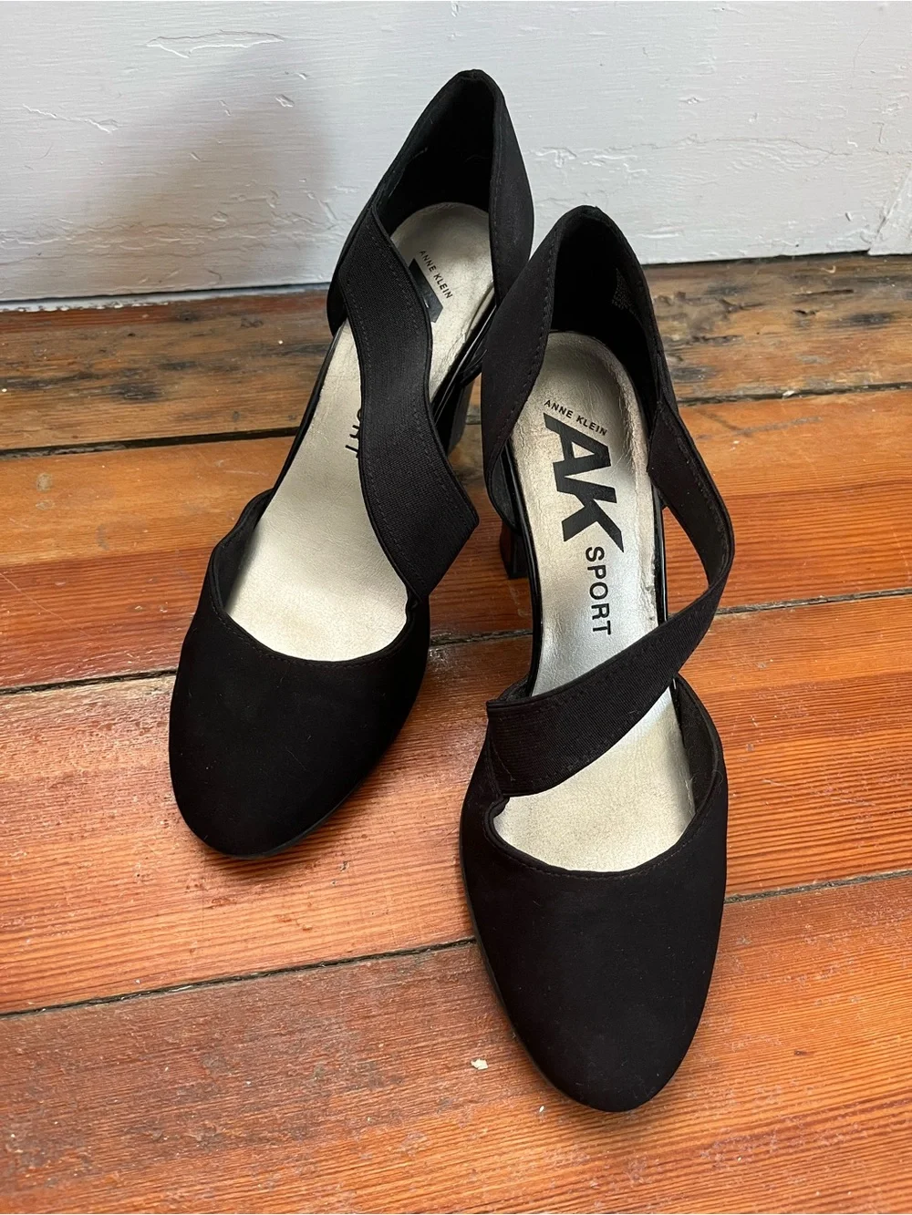 Anne Klein Black Elastic-Strap Block Heel Pumps